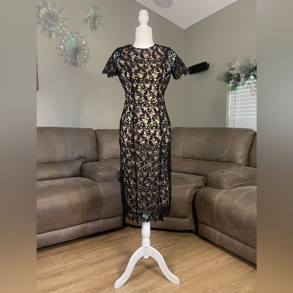 NWT NSR Crochet Lace Overlay Black MIDI Dress Sz S Summer Formal Party Event